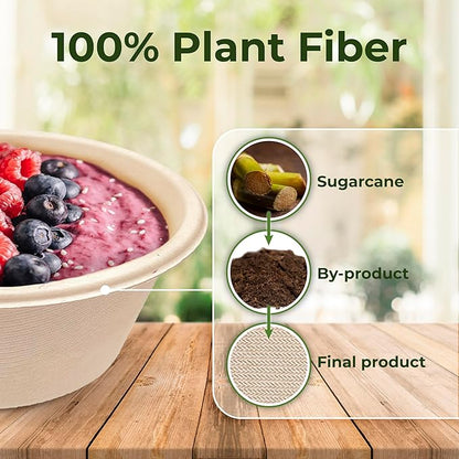 [500 Count]Harvest Pack 16oz PFAS FREE Round Paper Bowls Bulk, Compostable Heavy-Duty Eco-Friendly Disposable Bagasse Acai Bowls, Sugarcane Natural plant fibers for Meal Prep Takeout Dinnerware