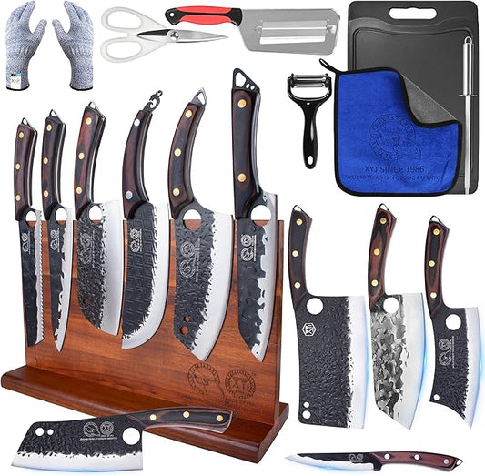XYJ Kitchen Knife Block Set, High Carbon Steel Blade, Knives Set with Holder, Cutting Board, Sharpener Rod, Scissors, Cut Resistant Gloves, Cleaver, Slicing Chef Knives, Full Tang Pakkawood Handle