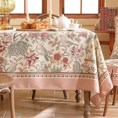 patdrea Designer Pink Linen Table Cloth for Rectangle Table,Vintage Floral with Birds Pattern Decorative Tablcloth,French Table Cover for Kitchen Dining,Thanksgiving,Christmas,55"x79"-Kulom a