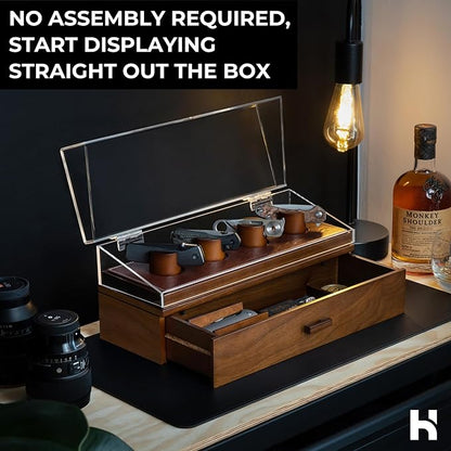 Premium Pocket Knife Display Case for 10 Knives - Wooden Knife Organizer, Storage & Holder with Unique Pillars, Hinged Cover, Drawer - Knife Collection Box - Handcrafted for Men