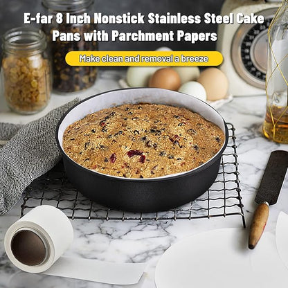 E-far 8 Inch Cake Pans Set of 2, Nonstick Stainless Steel Small Round Baking Pans with Parchment Paper & Side Liner Roll, Stainless Steel Core & Non-toxic Coating, Straight Side & 2 Inch Deep
