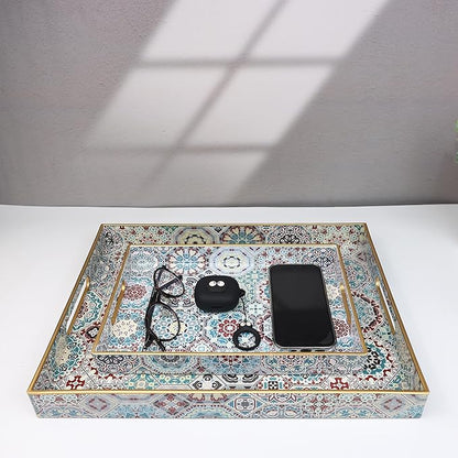 Spsyrine Decorative Serving Tray with Handles, Lacquered Coffee Table Tray for Ottoman, Rectangular Waterproof Platters for Centerpieces, Parties, Living Room, Kitchen Counter Organization SP3040RE2