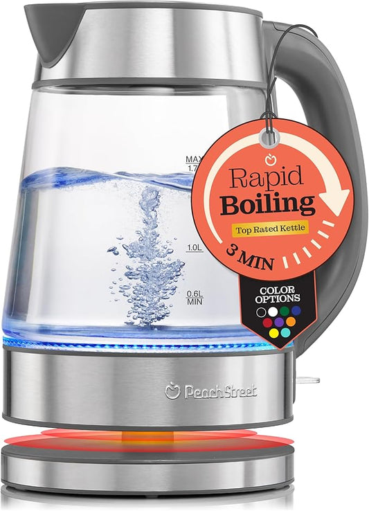 Speed-Boil Water Electric Kettle, 1.7L 1500W, Coffee & Tea Kettle Borosilicate Glass, Wide Opening, Auto Shut-Off, Cool Touch Handle, LED Light. 360° Rotation, Boil Dry Protection