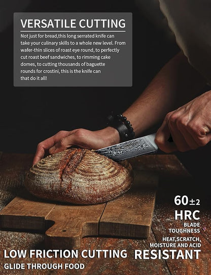 8” Bread Knife Serrated Kitchen Chef Knife - Damascus Steel & Resin Handle - Xuan Series (Jade Green)