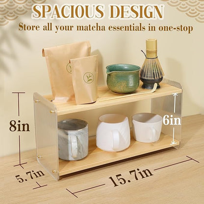 2Tier Matcha Whisk Set Organizer Station - Aesthetics Pine Wood Coffee Bar Accessories Station Organizer