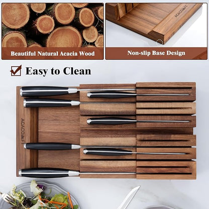 In-Drawer Knife Block, Acacia Wood Kitchen Knife Drawer Organizer, Knife Holder without Knives For Up to 12 Knives Steak Knife Chef Knife