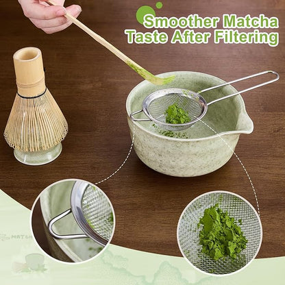 7Pcs Matcha Whisk Set - Matcha Bowl with Spout, Bamboo Whisk (Chasen), Holder, Stainless Sifter, Tea Scoop, Tea Towel, Scoop Rest. Full Japanese Ceremony Matcha Kit, Perfect Gift for Tea Fans (Green)