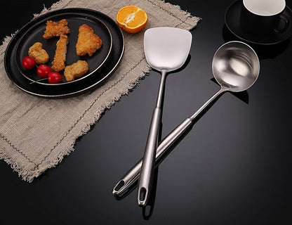 FJNATINH Wok Spatula and Soup Ladle Set - 304 Stainless Steel Wok Utensil Tools Set, 2 Pieces All Metal Cooking Kitchen Utensils,Chinese Wok Accessories for Cast Iron/Carbon Steel Wok