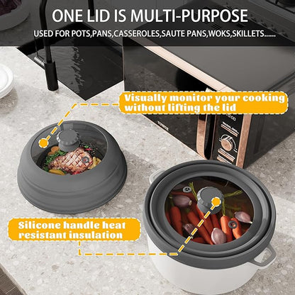 Collapsible Microwave Splatter Cover - Vented Silicone & Glass Lid with Easy-Grip Handle, Fits 6 to 8 Inch Plates & Bowls, 9 Inch Diameter, Prevents Splatters & Ensures Even Heating