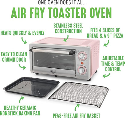 GreenLife Countertop Toaster Oven Air Fryer Stainless Steel, Healthy Ceramic Nonstick, PFAS Free, Tray & Basket, Bake, Broil, Reheat, Adjustable Temp & Time Control, Auto Shutoff, Pink