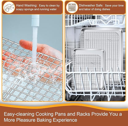 P&P CHEF 16 + 10.4 Inch Baking Sheet and Rack Set, Stainless Steel Cookie Sheets Oven Baking Pans Trays with Cooling Racks for Cooking & Roasting, Oven & Dishwasher Safe, (4Pcs)