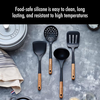 STAUB Silicone Spatula Turner, Perfectly Angled for Lifting Pancakes, Sandwiches and Picking up Veggies Durable BPA-Free Matte Black Silicone, Acacia Wood Handles, Safe for Nonstick Cooking Surfaces