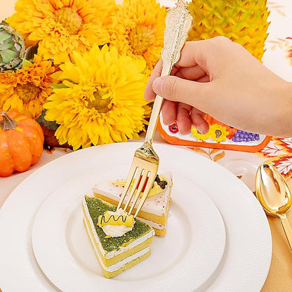Liacere 400PCS Gold Plastic Silverware - Pre Rolled Napkins Disposable Gold Plastic Cutlery-Premium Quality Utensils-Includes 100Forks,100Knives,100Spoons,100Napkins&Wedding&Thanksgiving
