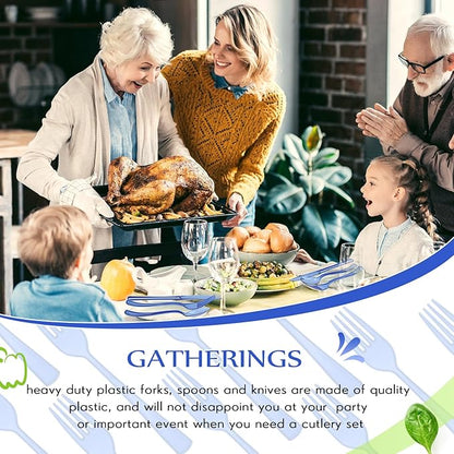 Minatee 150 Pieces Disposable Cutlery Set Plastic Silverware Heavy Duty Utensil Sets 50 Forks 50 Knives 50 Spoons for Home Office School Party Picnics Restaurant Outdoor Events(Blue)
