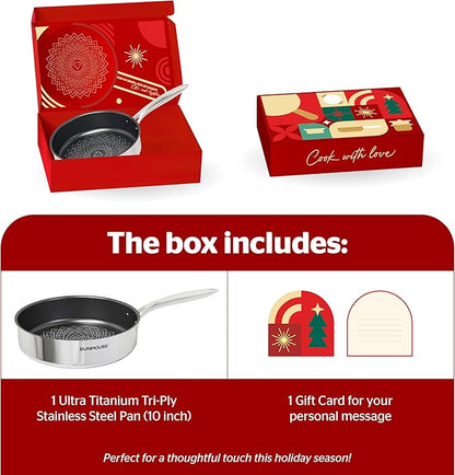 Sunhouse Titanium-Coated Tri-Ply Stainless Steel Pan, 10 inch frying pan, Non-Toxic, PFAS PFOA & PTFE Free, Oven Safe, Compatible with All Cooktops, Perfect Gifts for Mom or Dad, Premium gift box