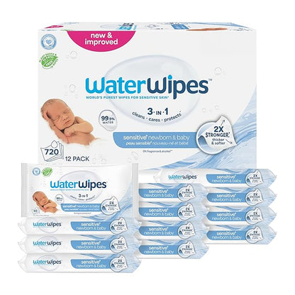 WaterWipes Sensitive+ Newborn & Baby Wipes, 3-In-1 Cleans, Cares, Protects, 99.9% Water, Unscented & Hypoallergenic, 720 Count (12 Packs)