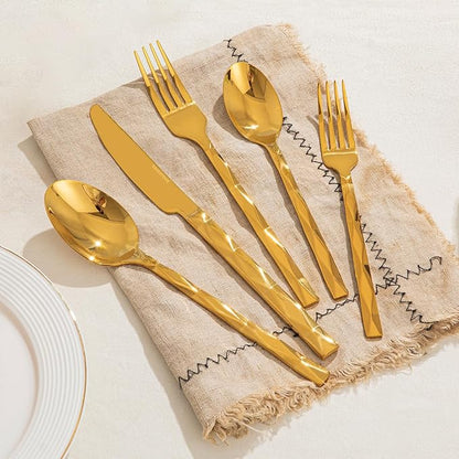 KINGSTONE Gold Silverware Set, Luxury 20 Piece Flatware Set for 4, 18/10 Stainless Steel Cutlery Set with Diamond Cut Pattern for Kitchen, Home, Wedding, Party, Mirror Polished and Dishwasher Safe