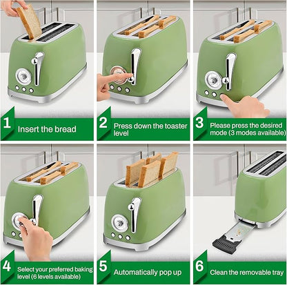 SUSTEAS Toaster 4 Slice Wide Slot, Stainless Steel Bread Bagel Toasters, Retro Long Slot Tostadora for Defrost, Reheat, Removable Crumb Tray, 1500W, 6 Browning Settings, Retro Green