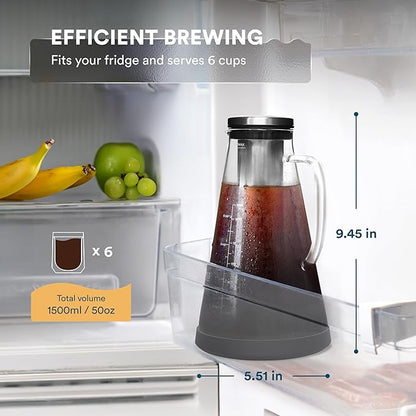 OVALWARE Airtight Cold Brew Iced Coffee Maker Pitcher (& Iced Tea Maker) with Spout – 1.5L/ 51oz Brewing Glass Carafe with Removable Stainless Steel Filter