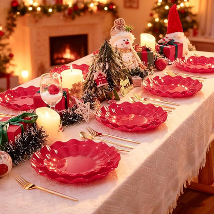 LIYH 50 Pcs Red Plastic Plates Reusable Christmas Plastic Plates Unbreakable Holiday Dinnerware Set Scalloped Plate for Christmas Day,Dishwasher Safe BPA Free (25Guests)