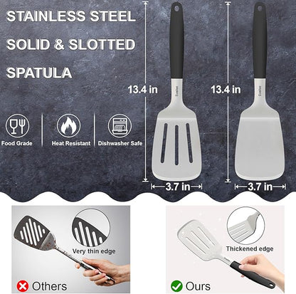13.4 in Stainless Steel Spatula Set of 2, Heavy Duty Solid & Slotted Metal Spatula with Silicone Handle for Cast Iron Skillet, Egg, Burger and Grilling, Large