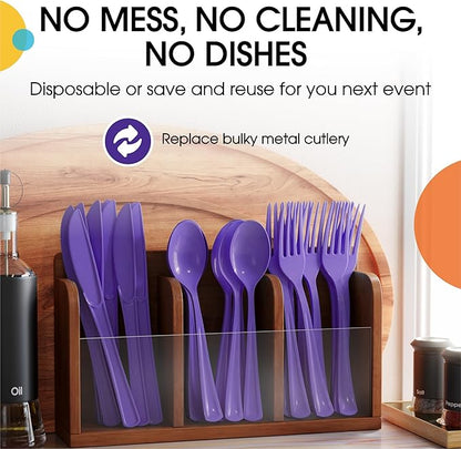 Party Solids Purple Plastic Silverware Heavy Duty 150 Pieces Purple Plastic Cutlery Sets, Utensil Sets, 50 Of Each Forks, Knives & Spoons Disposable Cutlery Set, Flatware Set For Party Supplies