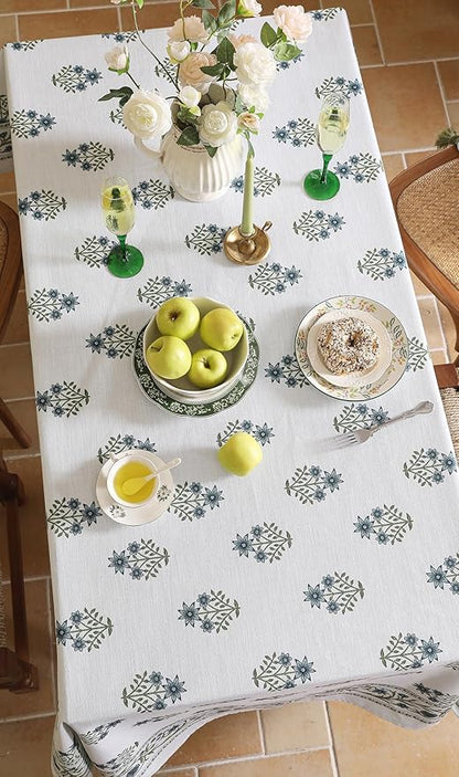 ISAENNE Designer White Linen Small Tablecloth Rectangular,Chinoiserie Floral Elegant Indoor Table Cloth,Fall Stain Proof Decor Tablecloths for Dining Thanksgiving Kitchen,55"*87"-Mosella F