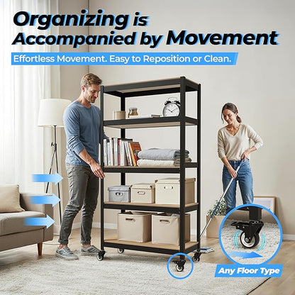 HOMEDANT House 5-Tier Metal Rolling Cart Shelf Rack Casters Heavy Duty Wheel Shelving Unit Adjustable Utility Storage Shelves Organizer Shelf Kitchen Garage 36.2" W x 16.5" D x 69.5" H 10Pack