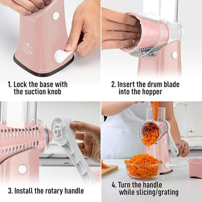 Zulay Kitchen Rotary Cheese Grater 5 Blade Cheese Shredder - Manual Hand Crank Cheese Grater With Reinforced Suction & 5 Interchangeable Drums - Easy to Use, Vegetable Chopper Round Mandoline Slicer