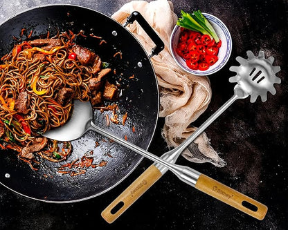 Large Stainless Steel Kitchen Utensils Set, 7 Pcs Cooking Utensils Set with Wooden Handle, Heat Resistant Spatula Tools Set for Cooking, Food Grade Utensils Sets with Turners Spoon Ladle Pasta Fork