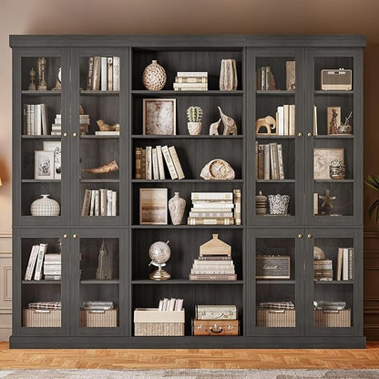 70.8" Tall Farmhouse Bookshelf with Glass Doors, Modular Bookcase with 6-Tier Adjustable Shelves, Large Storage Cabinet for Kitchen, Living Room, Black, Set of 3