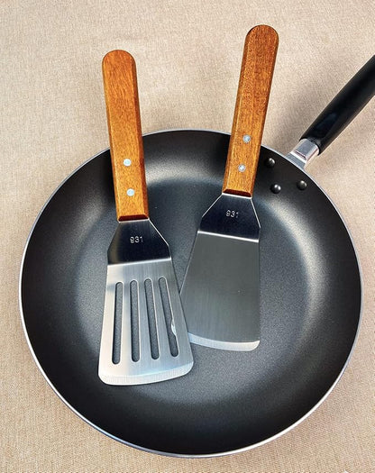 2Pcs Metal Spatulas Set, Metal Spatula for Cast Iron Skillet, Cooking Utensils Fish Egg Grill Spatula Stainless Steel Slotted Spatula, Wok Flat Top Small Metal Spatula Turner with Wood Handle