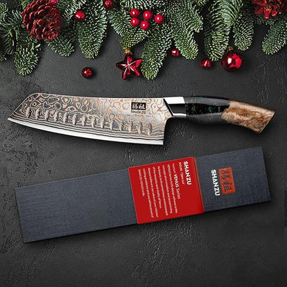 SHAN ZU Damascus Santoku Knife 7 inch, Japanese Kitchen Knives Copper & Damascus Steel High Carbon 33 Layer Hand Forged Ultra Sharp Utility Chef Knife Professional Carving Knife with Maple Wood Handle