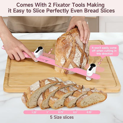 2025 Upgrade Bread Knife for Homemade Bread, World‘s 1st Double Serrated Knife with 5 Thickness Adjustable Slicing Guide, Stainless Steel Bread Cutter, Razor Sharp for Sourdough, Pink
