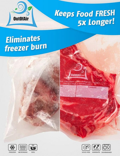 50 Zipper Vacuum Sealer Bags: Quart Size (8" x 12") - OutOfAir Vacuum Seal Zip Bags, Works with FoodSaver & Other Savers, 33% Thicker BPA Free Commercial Grade Great for Snacks On The Go