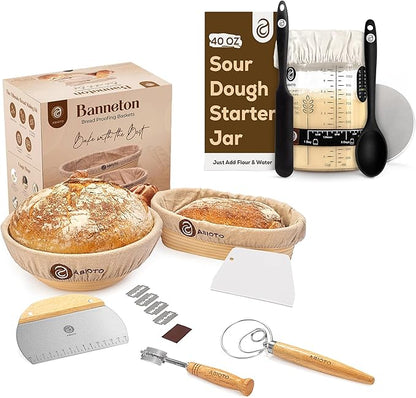Sourdough Bread Baking Supplies and Starter Kit - Ultimate Bread Making and Sourdough Starter Kit with Proofing Baskets, Sourdough Jar, Bread Lame, Scrapers, and Danish Whisk