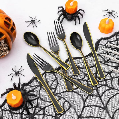 WDF 180 Pieces Black and Gold Plastic Silverware -Halloween Black Plastic Cutlery Incluede 60 Forks 60 Knives 60 Spoons Heavy Duty Disposable Flatware - Gold Utensils for New Year/Party/Daily Use
