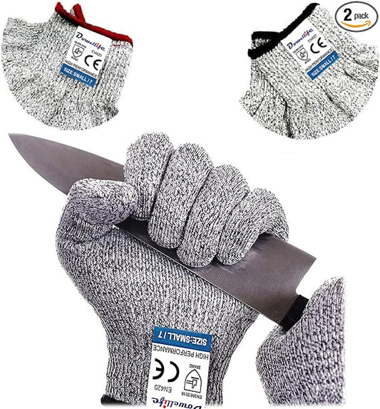 Dowellife Cut Resistant Gloves Food Grade Level 5 Protection, Safety Kitchen Cuts Gloves for Oyster Shucking, Fish Fillet Processing, Mandolin Slicing, Meat Cutting and Wood Carving. (Medium-2 Pairs)