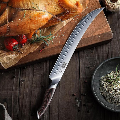 HOSHANHO Carving Slicing Knife, 10 Inch Japanese High Carbon Steel Brisket Knife with Ergonomic Pakkawood Handle, Razor Sharp Curved Butcher Breaking Knives for Meat Cutting