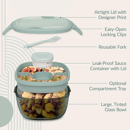 Bentgo Glass Prints All-in-One Salad Container - 61oz Tinted Glass Salad Bowl with Lid, Bento-Style Tray, Sauce Container, & Reusable Fork - Dishwasher & Microwave Safe (Mod Curve - Serene Green)