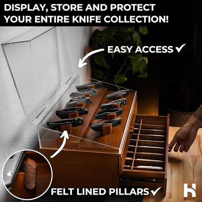 Premium Pocket Knife Display Case for 50 Knives - Extra Large Wooden Knife Organizer, Storage & Holder with Unique Pillars, 2 Drawers - Knife Collection Box - Handcrafted for Men