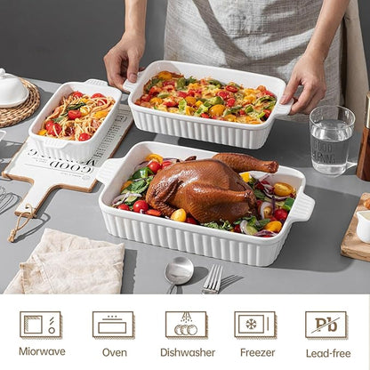 Casserole Dishes for Oven, Ceramic Baking Dishes, Porcelain Bakeware Set of 4, Rectangular Baking Pan, White Deep Lasagna Pan with Handle for Cooking, Roasting, Cake, 15.3"/12.8"/11.6"/9.8"