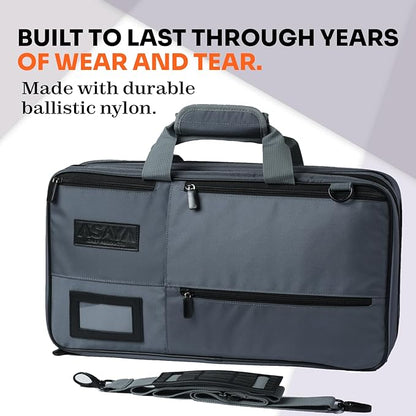 Asaya Chef Knife Bag - 28 Pockets for Knives and Kitchen Utensils - Durable Ballistic Nylon, Black Stainless Steel Hardware, Card Holder and Adjustable Shoulder Strap - Knifes not Included