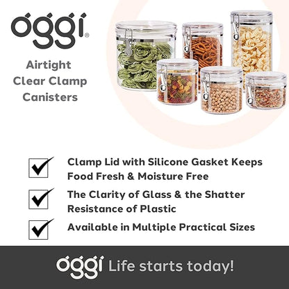 Oggi Clear Canister with Clamp Lid, 28 oz - Large Airtight Food Storage Container, for Kitchen & Pantry Storage of Bulk, Dry Foods Including Pasta, Flour, Sugar, Coffee, Rice, Tea, Spices & Herbs