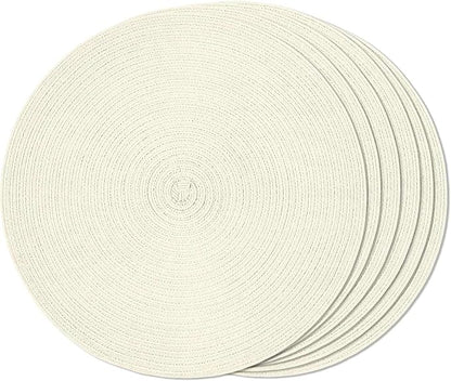 FunWheat Round Braided Placemats Set of 6 Place mats for Dining Tables Woven Heat Resistant Table Mats 15 inch (Ivory,6pcs)