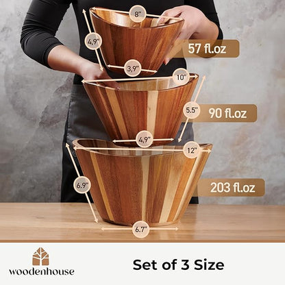 Wooden Salad Bowl Set, Salad Bowls Set of 3 - Wavy Design Salad Bowl Set for Serving, Handmade, Durable and Stylish Natural Wood Dining Accessory by Woodenhouse