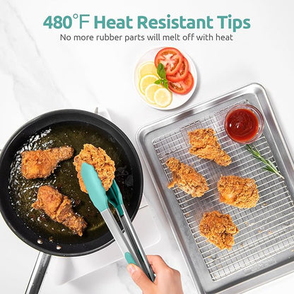 Heat Resistant Silicone Kitchen Tong: U-Taste 12 inch Large 480ºF Hot Proof Cooking Tong with Sturdy Non Stick Rubber Tips & Silicon Coated Steel Handle & Smooth Locking for Serving Salad (Aqua Sky)