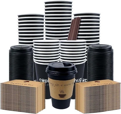 100 Pack 12 oz Coffee Cups,Disposable Hot Drink Paper Cups with Lids & Sleeves -12 Ounce Black Party Cups Perfect for Hot Beverages, Party, Office,and Home Use