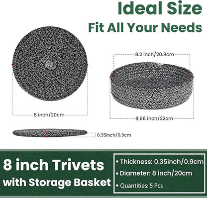 8 Inch Trivets for Hot Dishes, Hot Pots and Pans, Thick Heat Resistant Large Coaster for Kitchen, Hot Pads, Kitchen Essentials, Kitchen Decor for Table & Countertop with Storage Basket, 5 Pcs