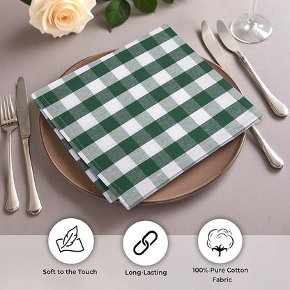 Urban Villa Cotton Dinner Napkins Set of 6, Highly Absorbent 20x20 Inches Premium Cloth Napkins Hotel Quality Reusable & Washable Table Dinner Napkins for Home & Weddings - Hunter Green/White, Checks